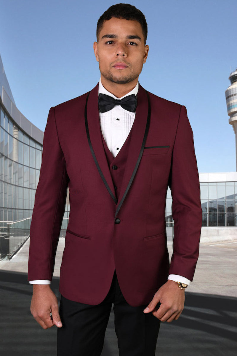 Men’s Designer Vested Satin Trim Shawl Wedding & Prom Tuxedo in Burgundy