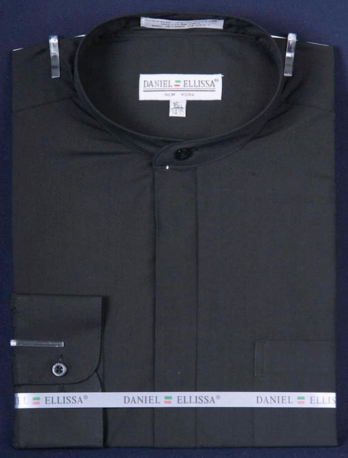 Men’s Classic Banded Collar French Front Dress Shirt in Black