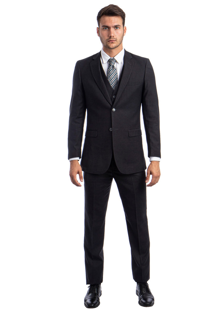 Men’s Modern Fit Vested Business Suit in Charcoal Grey Tonal Shadow Pinstripe
