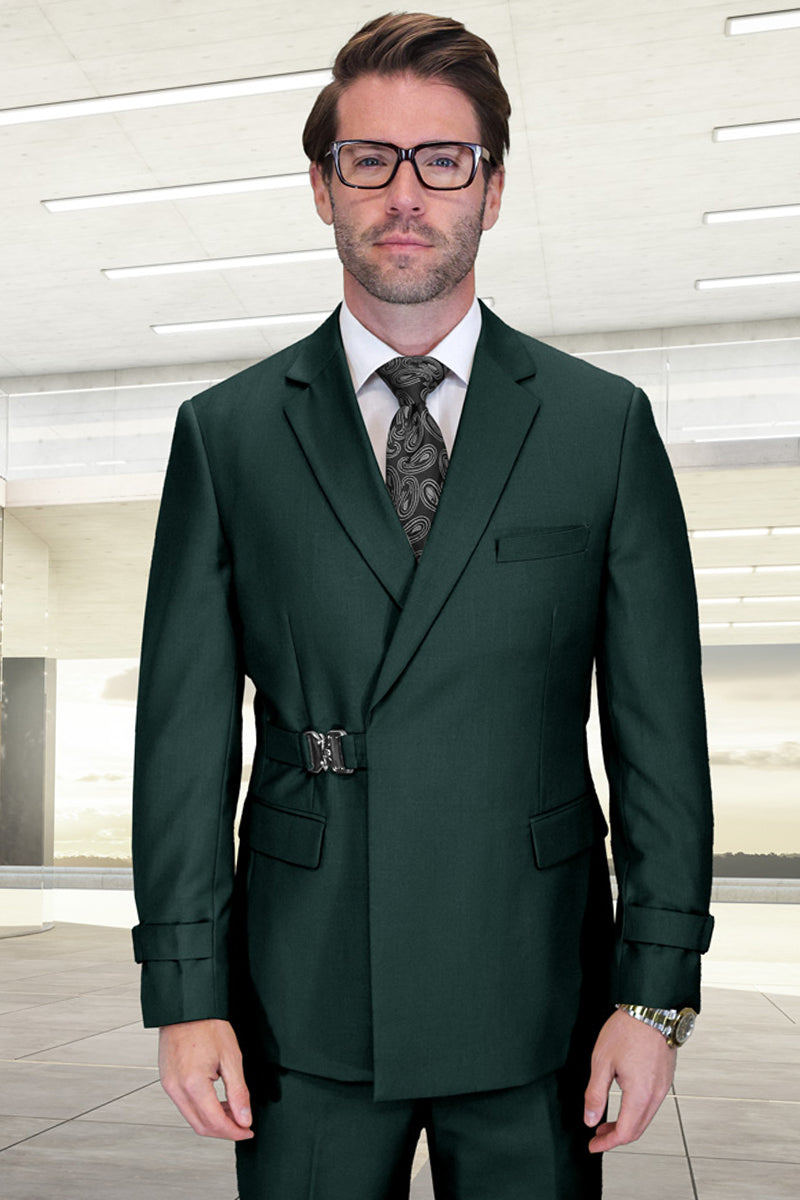 Men’s Designer Double Breasted Wool Suit with Buckle Closure in Hunter Green