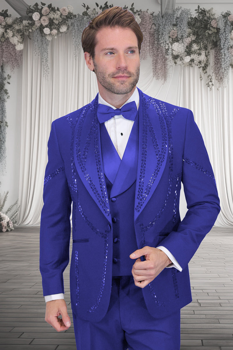 Men’s Designer Wool Shawl Lapel Vested Tuxedo with Rhinestones in Royal Blue