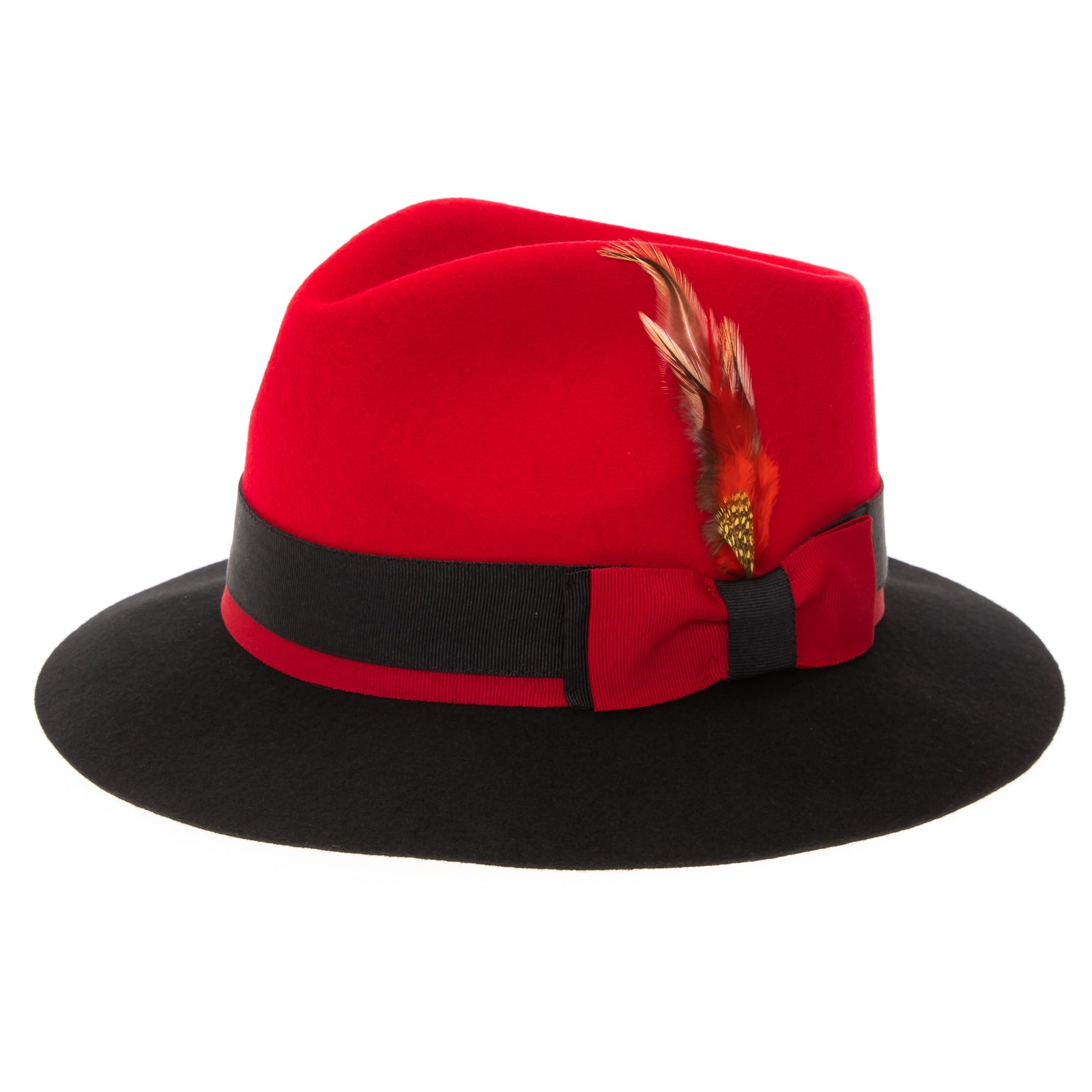 Men’s Two Tone Trilby Fedora Dress Hat with Contrast Band in Red & Black