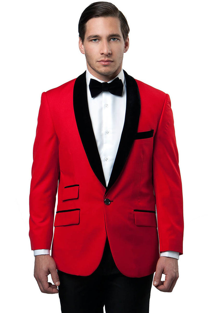 Men’s One Button Velvet Shawl Collar Tuxedo Jacket in Red