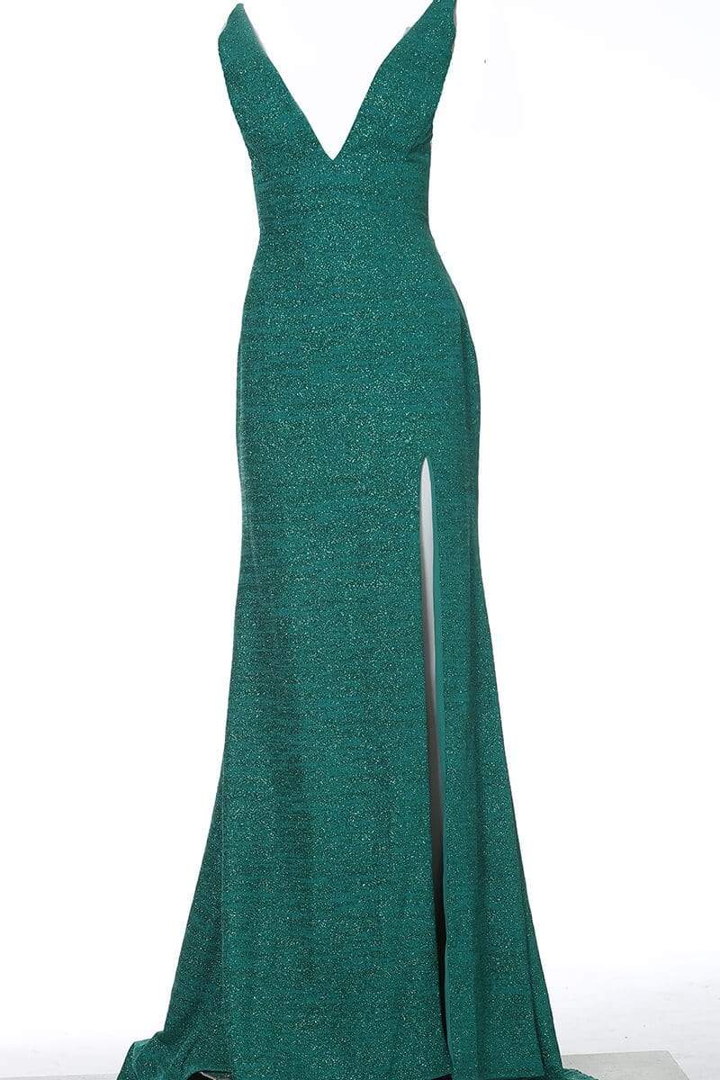 02472 V Neck Fitted Prom Dress with High Slit