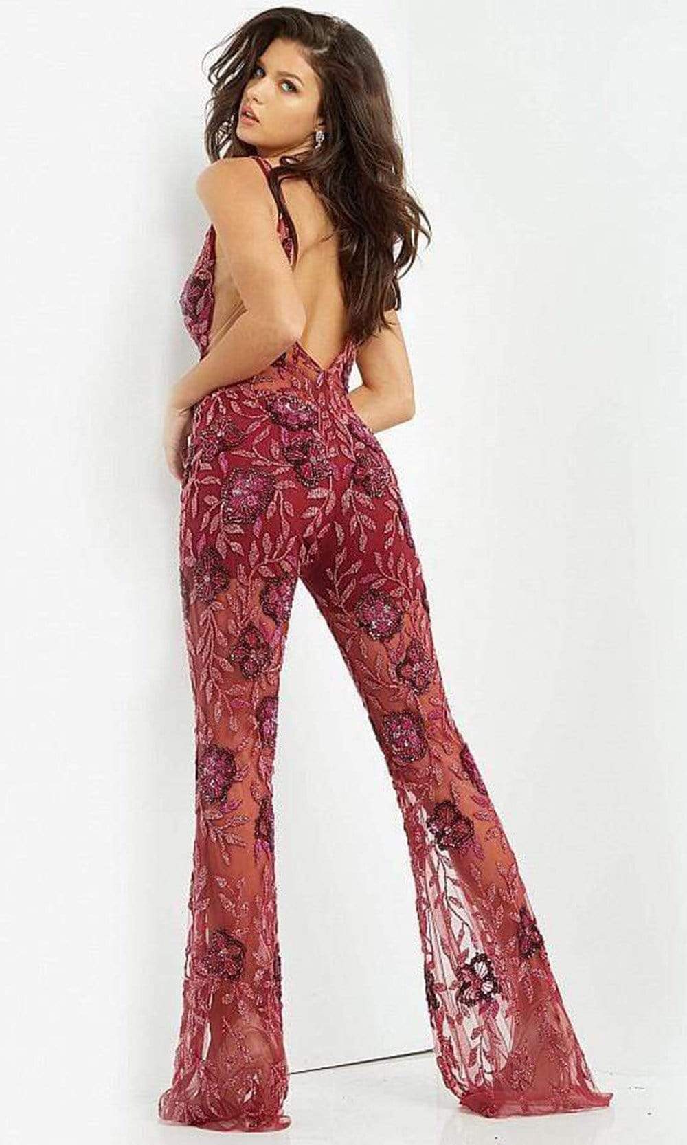 04402 V Neck See Through Beaded Jumpsuit
