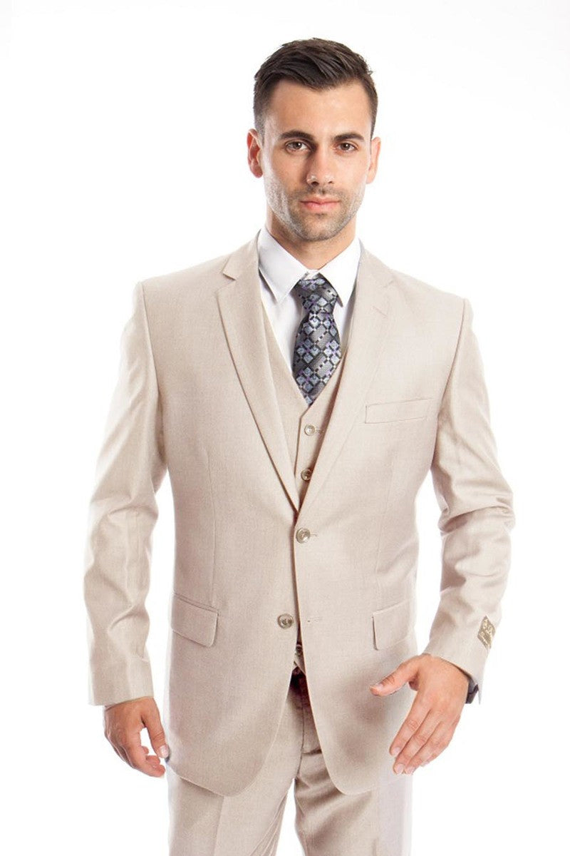 Men’s Vested Two Button Solid Color Wedding & Business Suit in Tan