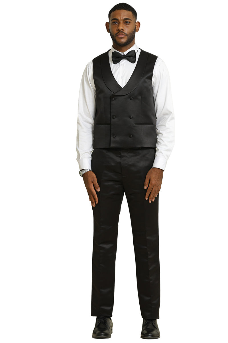Men’s Stacy Adams Shiny Brocade Wedding & Prom Tuxedo with Double Breasted Vest in Black