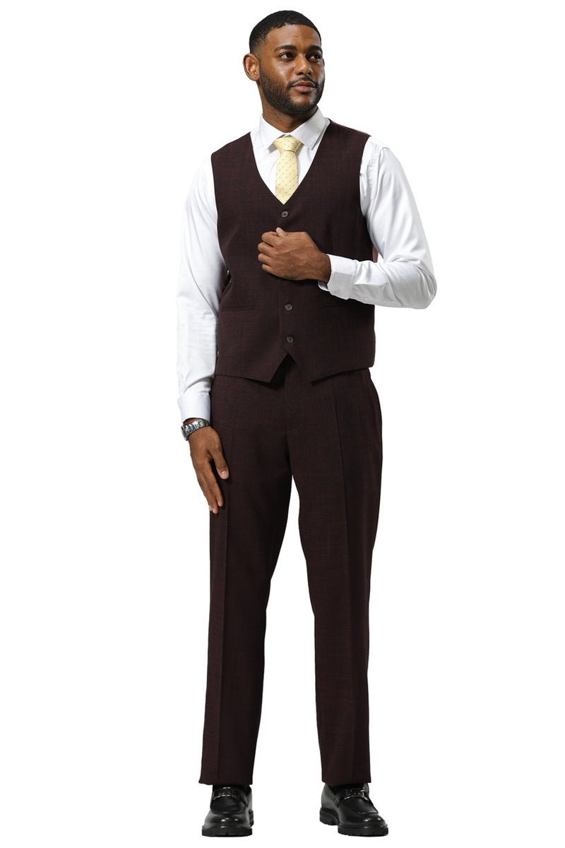Men’s Stacy Adams One Button Peak Lapel Vested Sharkskin Suit in Burgundy