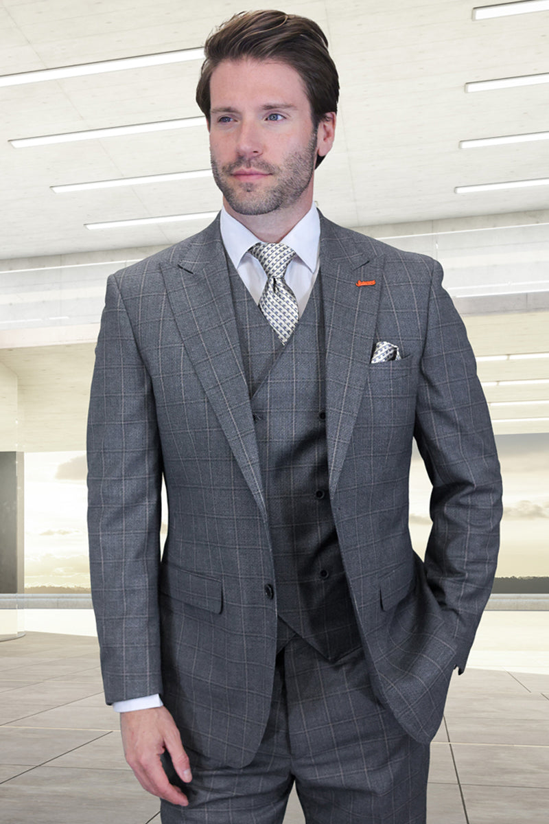 Men’s Designer Vested One Button Peak Lapel Wool Suit in Grey Windowpane Plaid