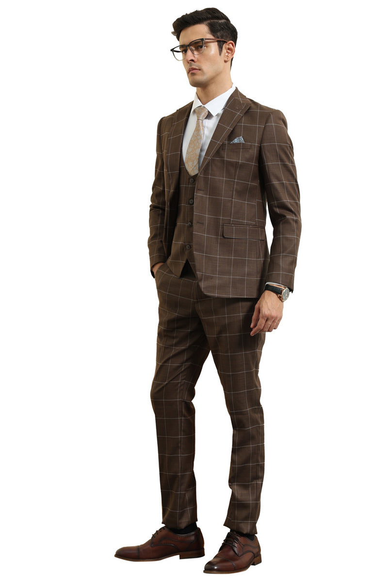 Men’s Slim Fit Two Button Peak Lapel Vested Suit in Brown Windowpane Plaid