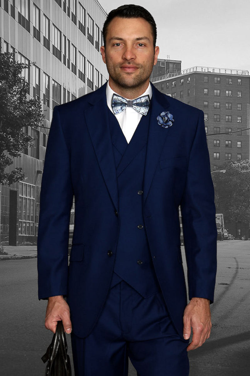 Men’s Designer Classic Fit Pleated Pant Wool Suit with Double Breasted Vest in Sapphire Blue