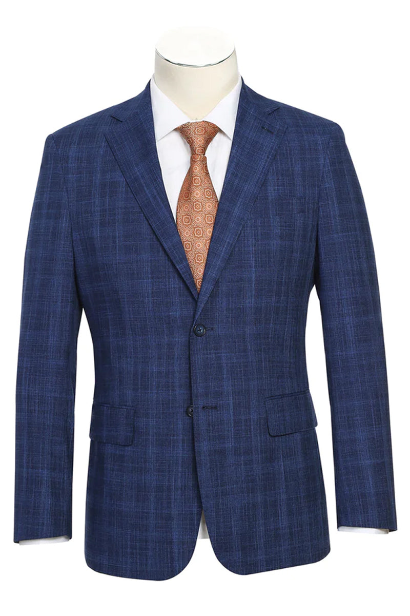 Mens Designer Two Button Slim Fit Notch Lapel Suit in Dark Blue Windowpane Plaid Weave