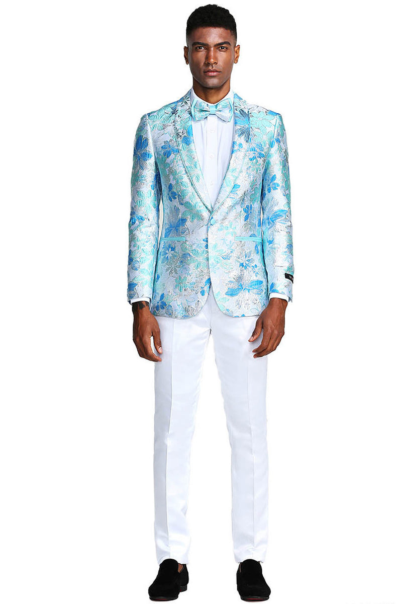 Men’s Slim Fit Paisley Prom Tuxedo Jacket in Sky Blue & Silver