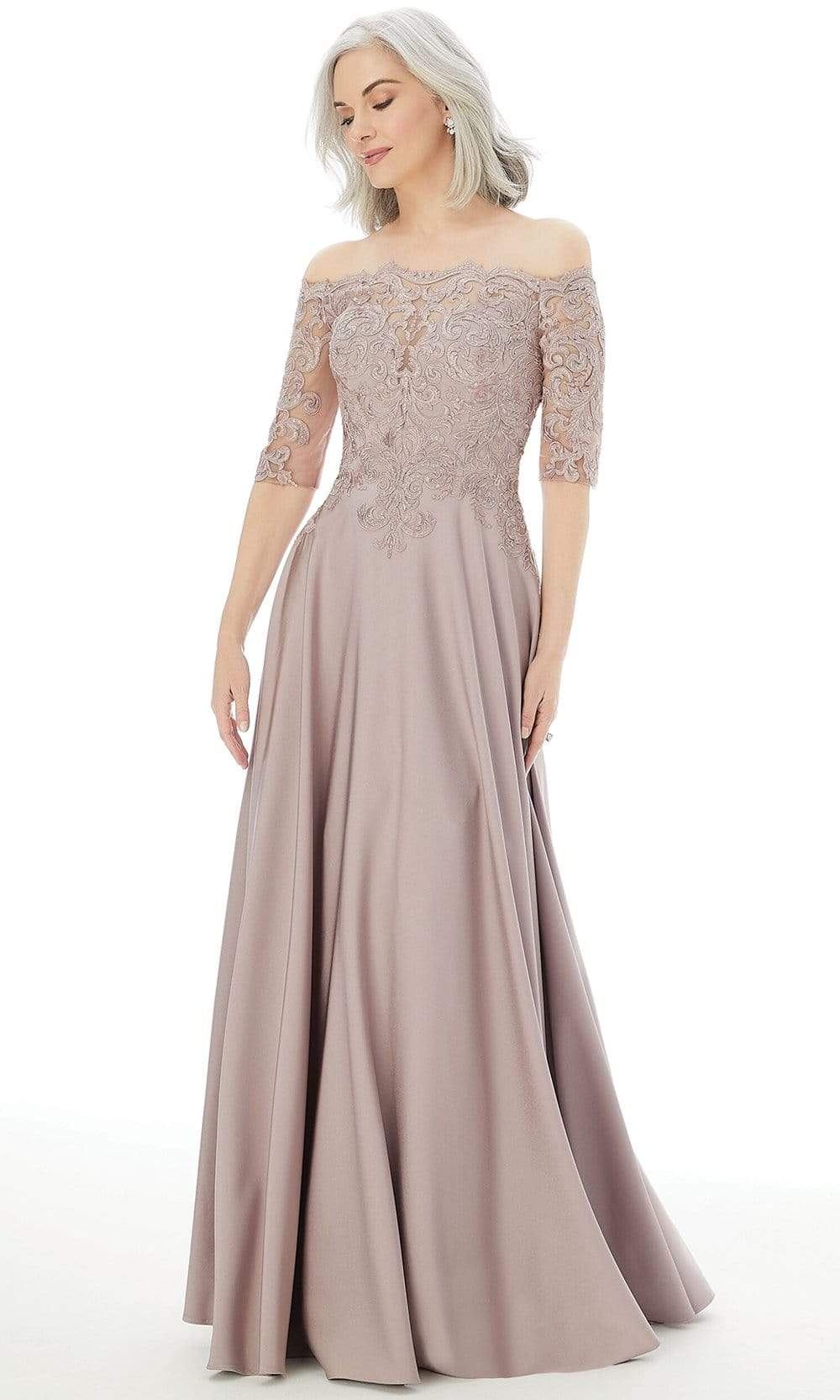 72220 Off Shoulder Embroidered Lace Crepe Gown