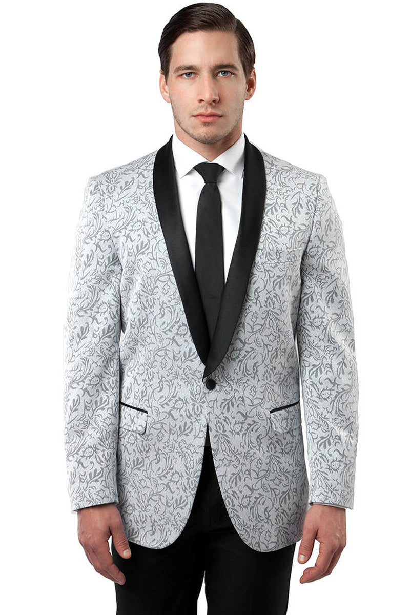 Men’s One Button Shawl Lapel Paisley Tuxedo Jacket in Silver Grey