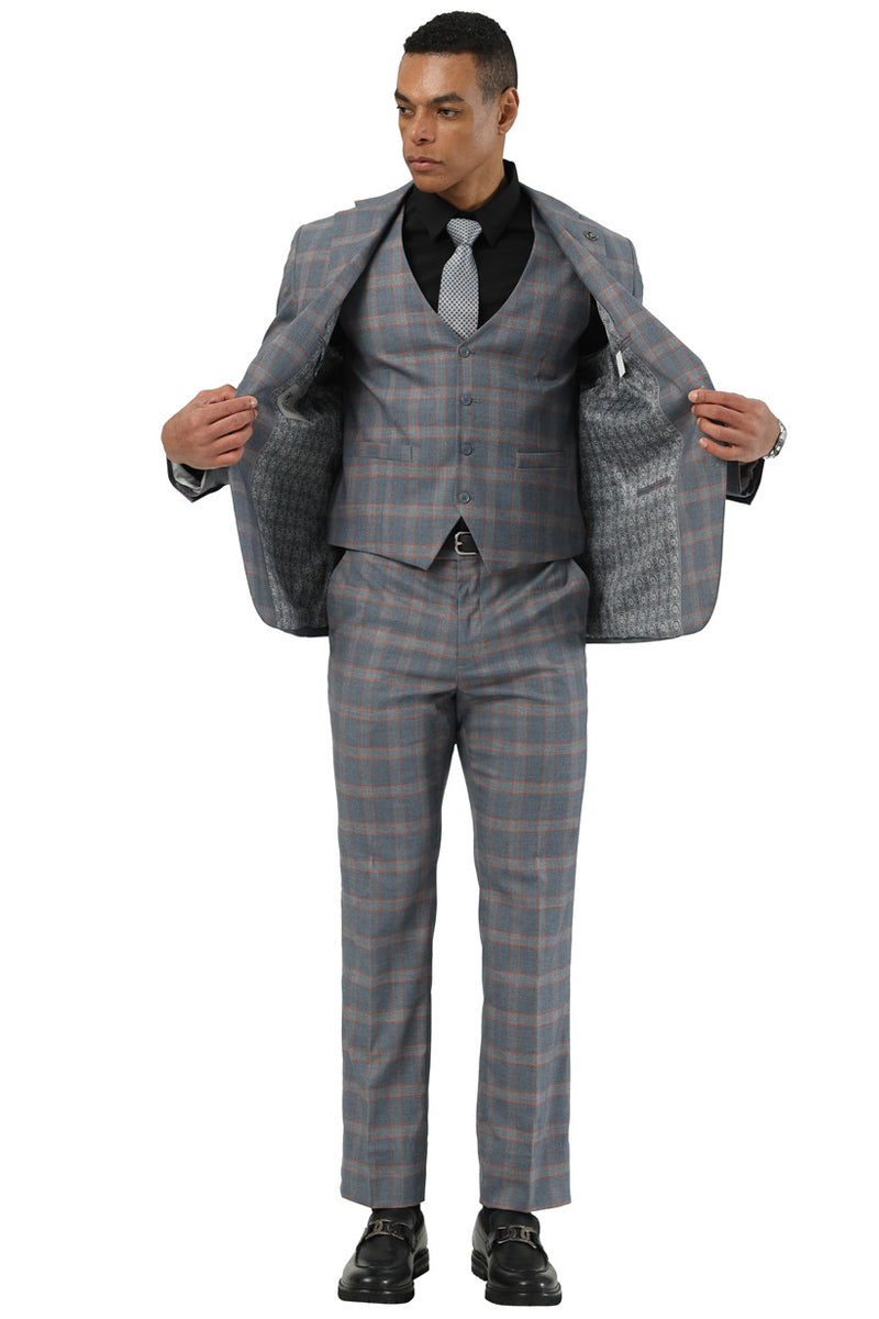 Men’s Designer Stacy Adams Vested Glen Plaid Suit in Grey & Orange