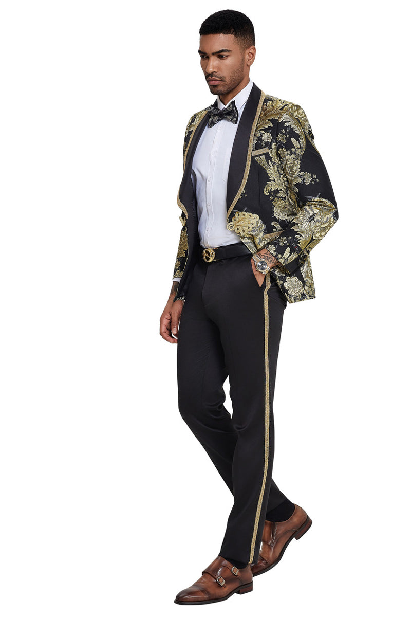 Men’s One Button Shawl Lapel Wedding & Prom Tuxedo in Shiny Black Paisley