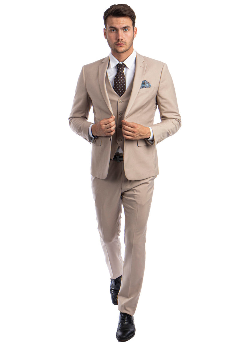 Men’s Two Button Slim Fit Vested Solid Basic Color Suit in Medium Tan