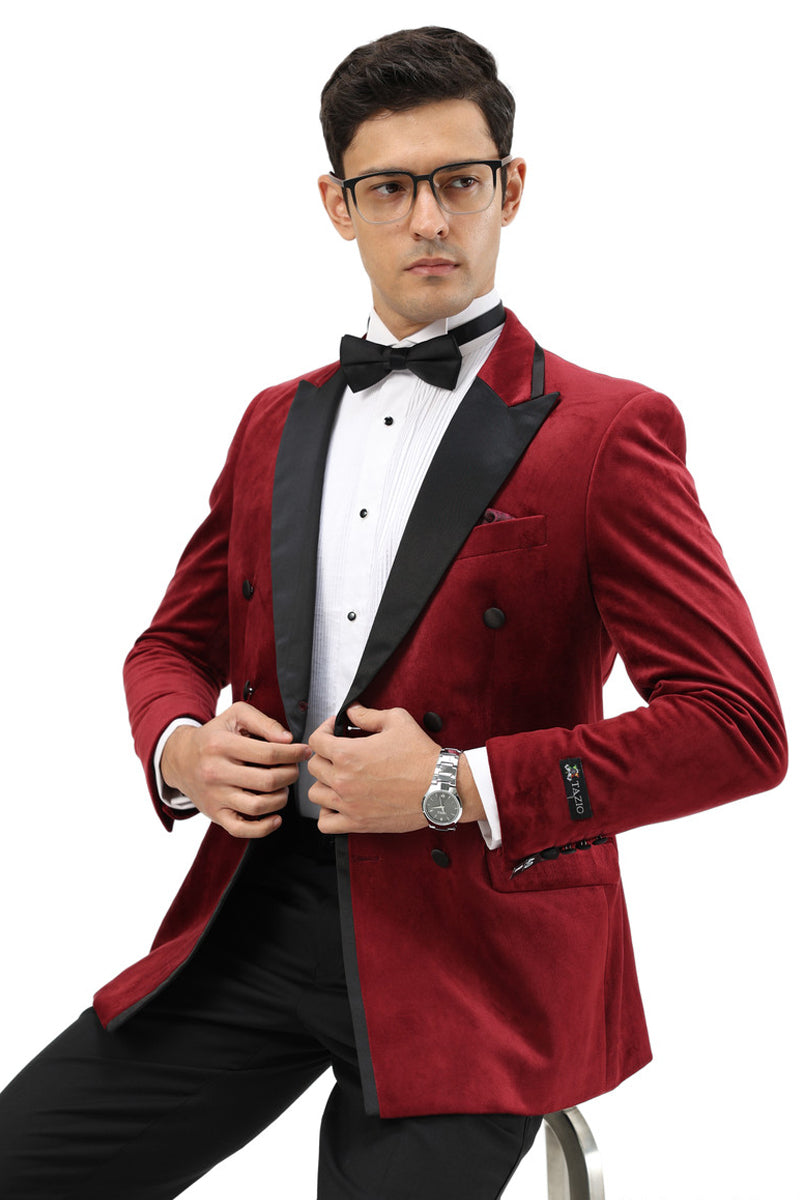 Men’s Velvet Double Breasted Wedding & Prom Tuxedo Jacket in Burgundy