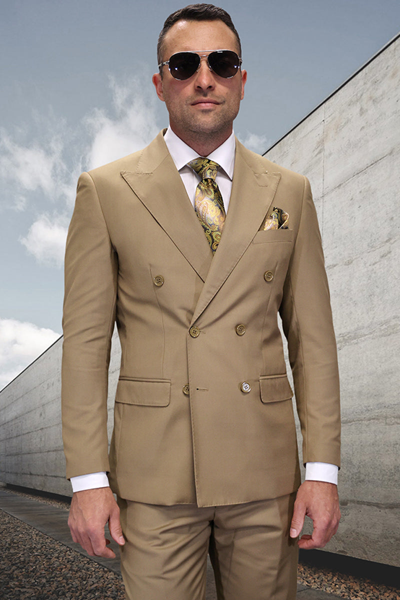 Men’s Designer Double Breasted Wool Suit in Caramel Khaki