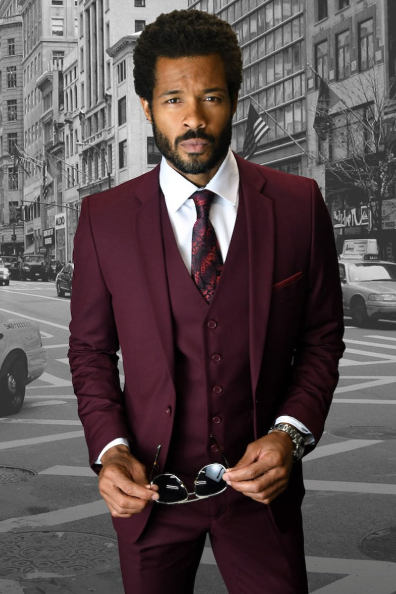 Men’s Designer Slim Fit Vested Wool Wedding Suit in Burgundy