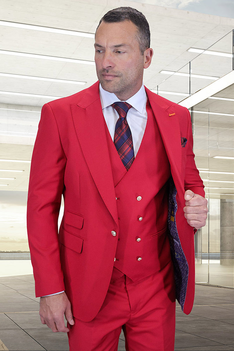 Men’s Designer Wool Vested One Button Peak Lapel Suit in Berry Red with Gold Buttons