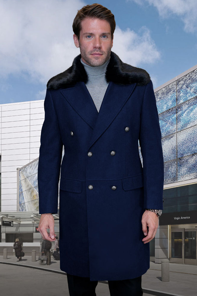 Men’s Designer 100% Double Breasted Winter Overcoat with Removable Fur Collar in Navy Blue