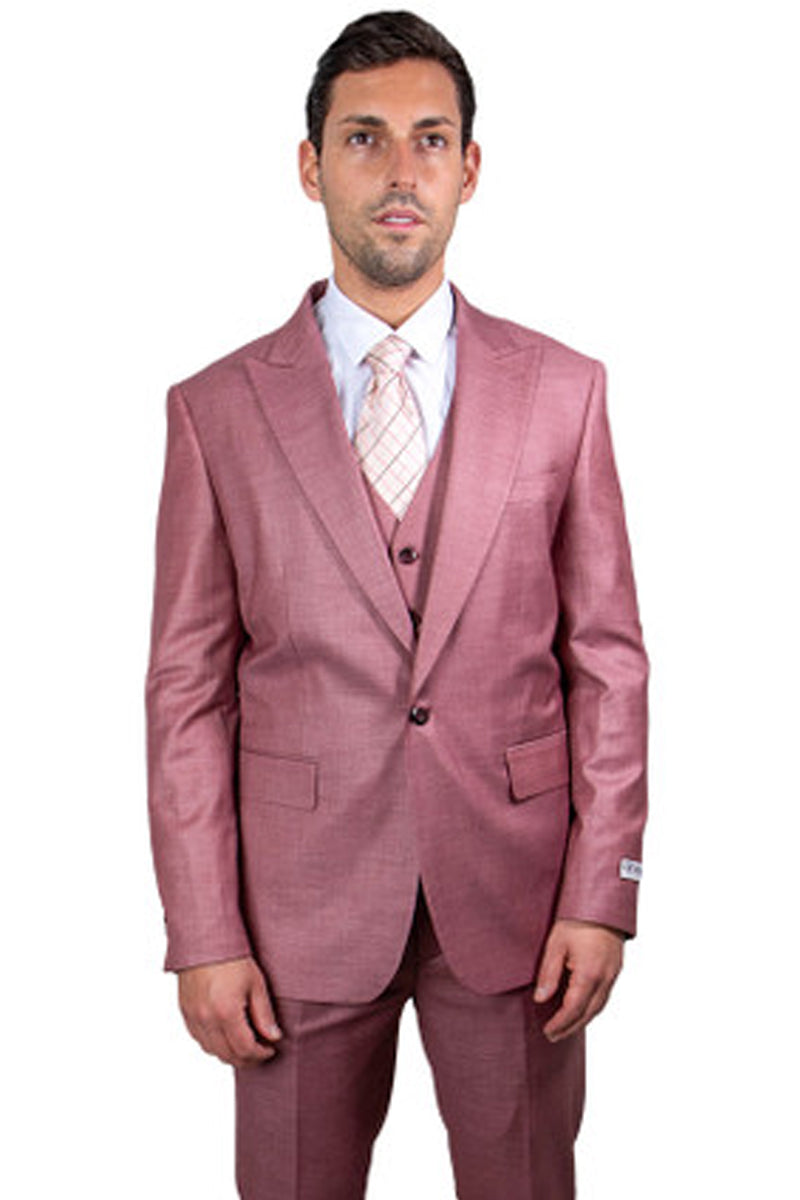 Men’s One Button Peak Lapel Vested Stacy Adams Sharkskin Suit in Salmon Pink