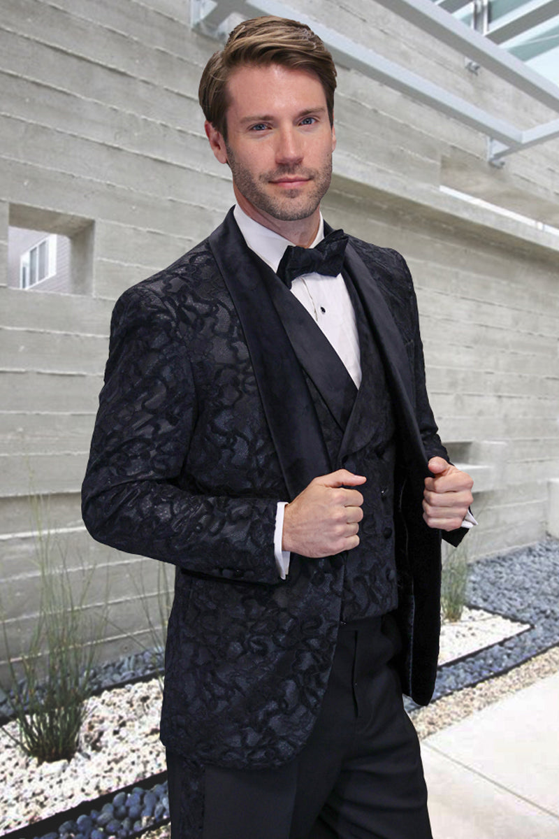 Men’s Designer Vested Wedding & Prom Smoking Jacket Paisley Tuxedo with Velvet Lapel in Black