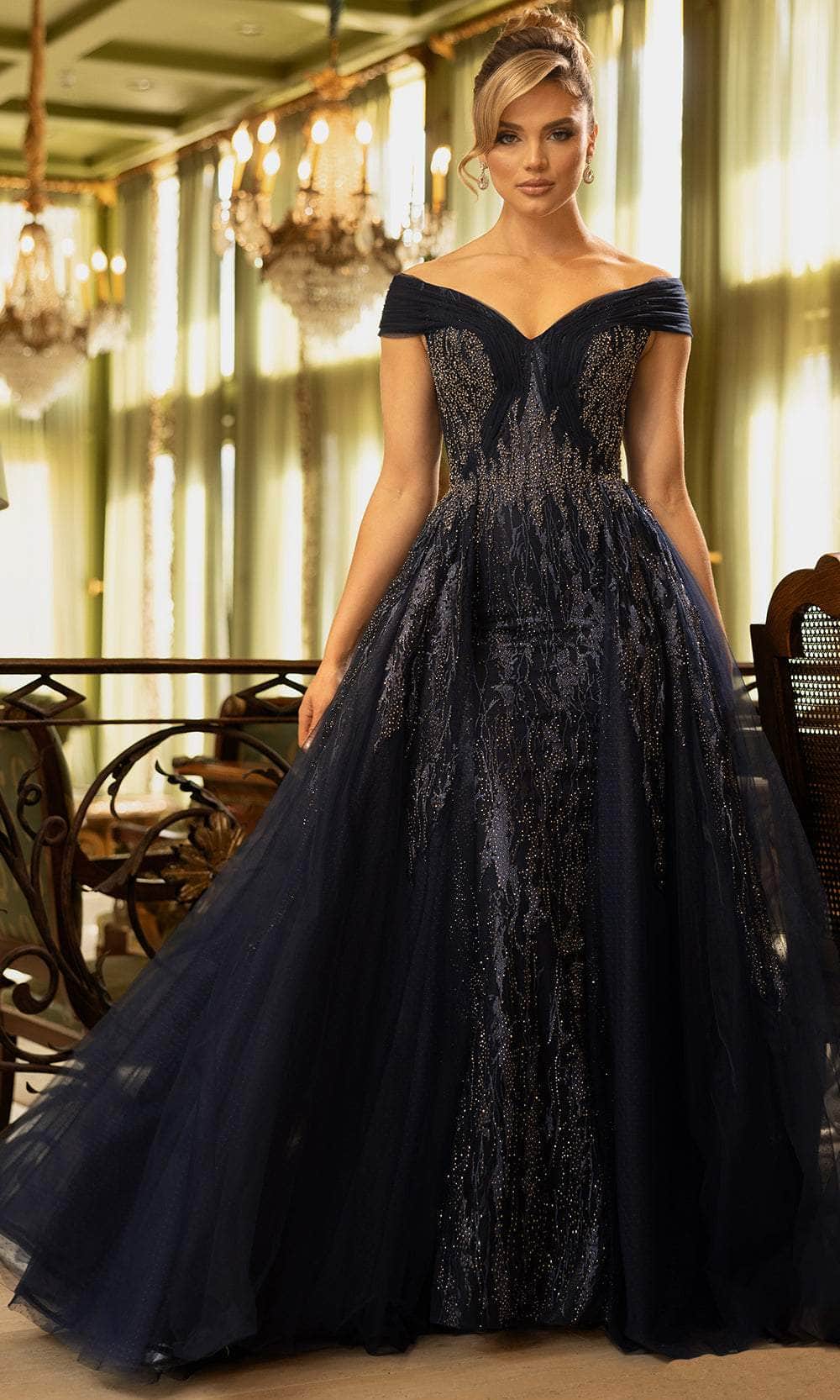 Rhinestone Embellished Off-Shoulder Ballgown