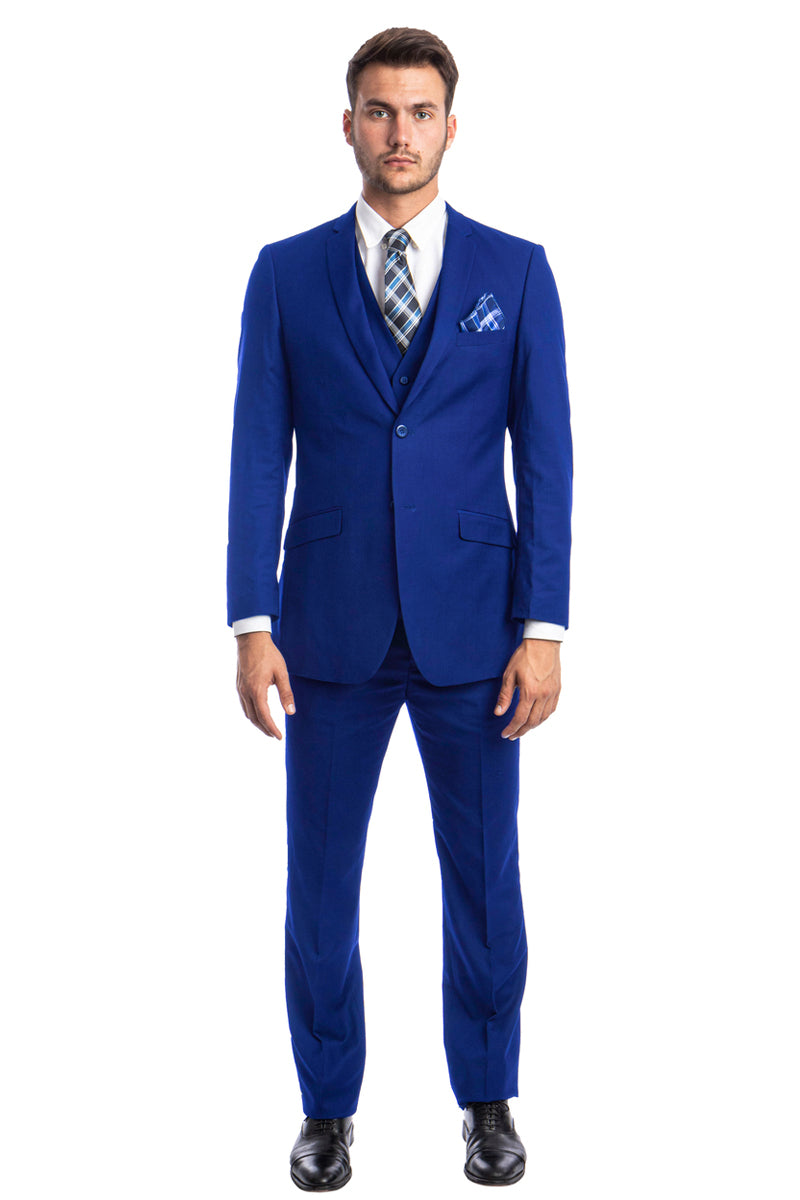 Men’s Two Button Slim Fit Basic Vested Wedding Suit in Royal Blue