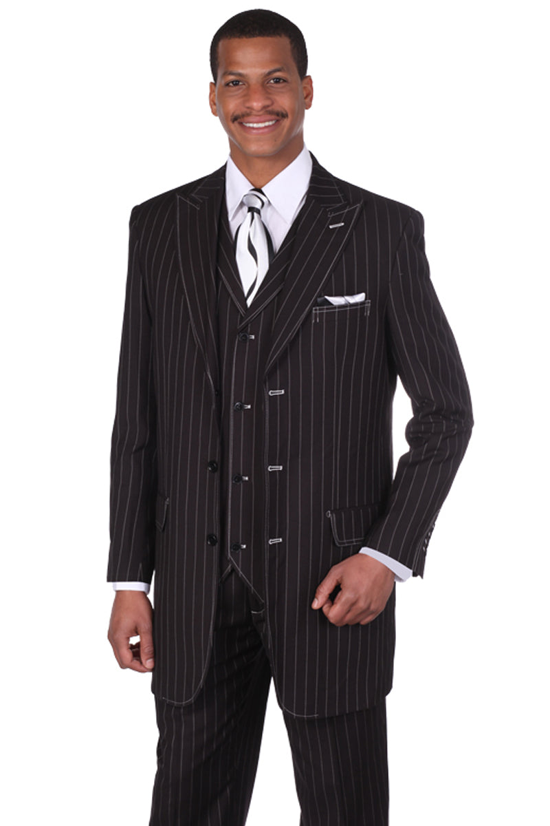Mens Vintage Vested Gangster Bold Pinstripe Fashion Suit in Black and White