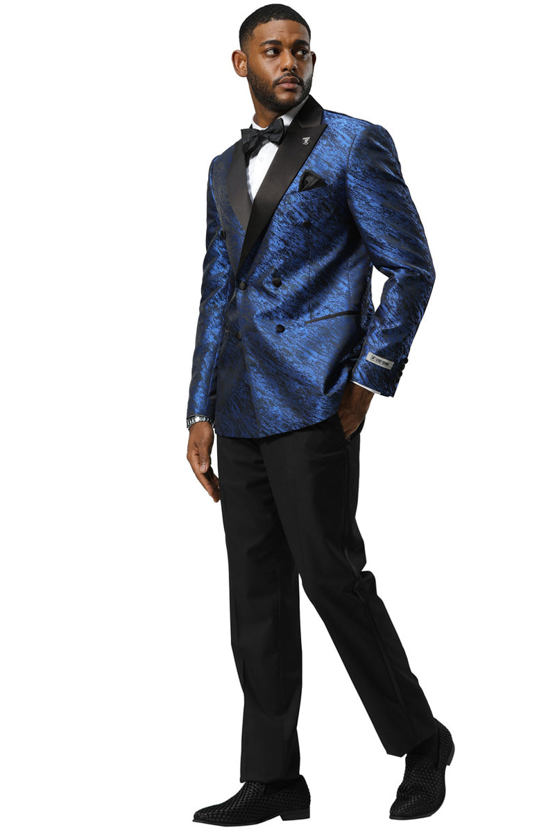 Men’s Stacy Adams Double Breasted Wedding & Prom Tuxedo Jacket in Textured Shiny Royal Blue Sharkskin