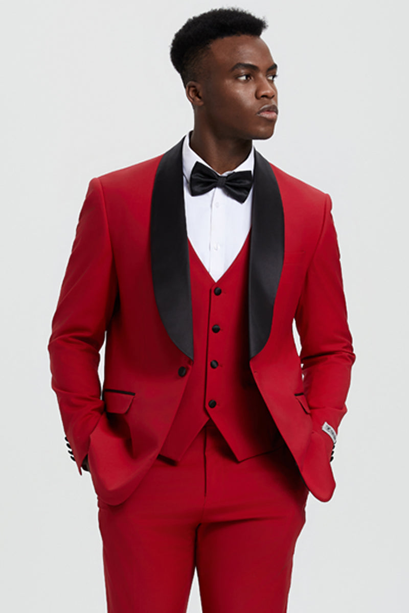 Men’s Stacy Adams Vested One Button Shawl Lapel Designer Tuxedo in Red