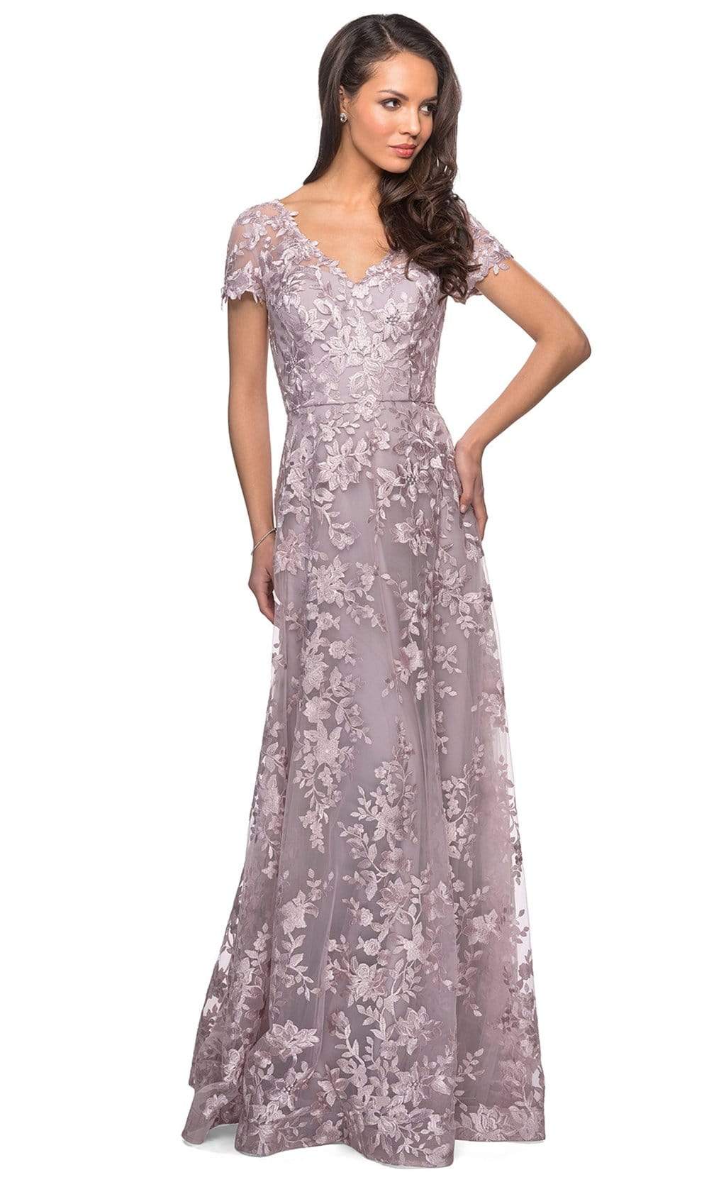 27870 Short Sleeve Lace Overlaid A-Line Dress