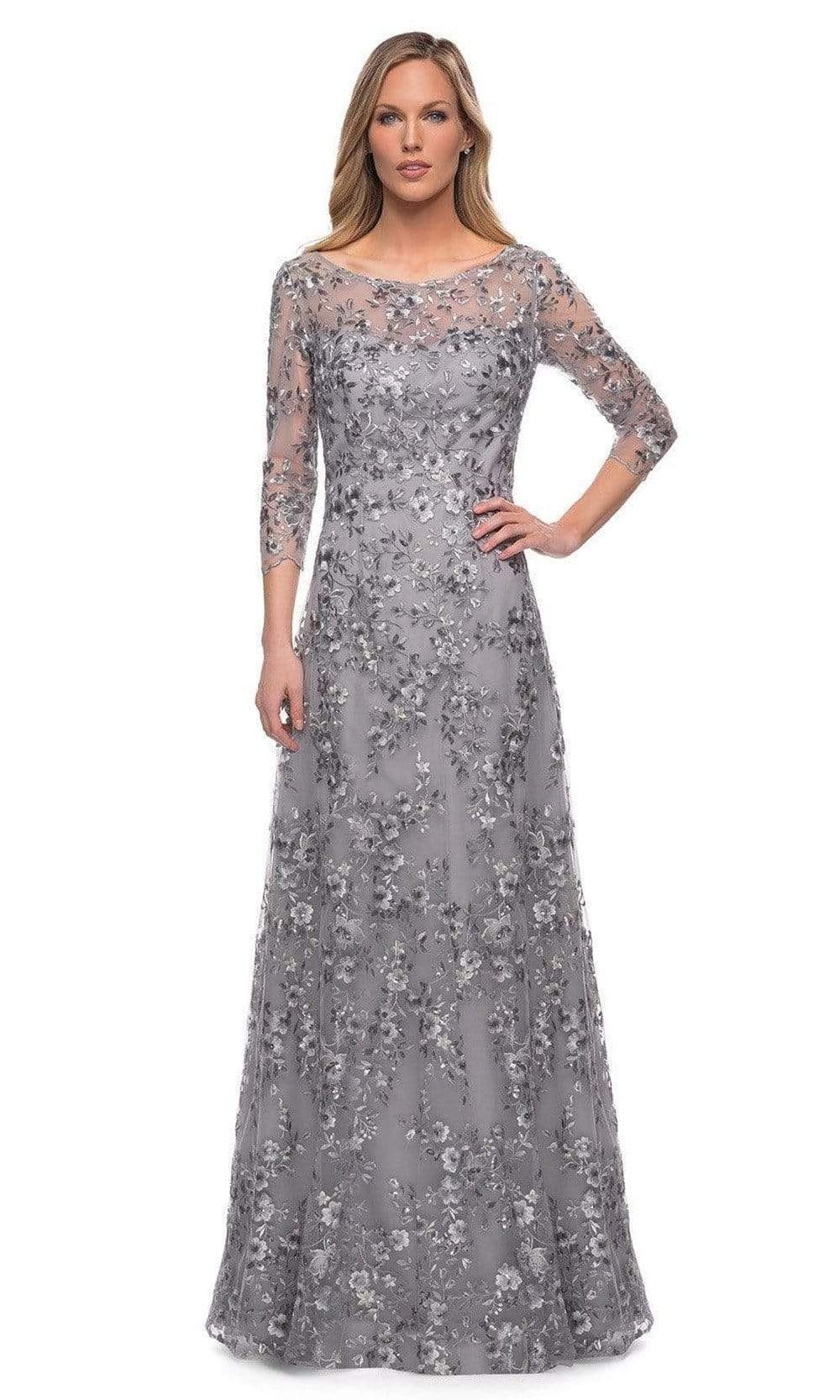 29903 Floral Embroidered Sheer Sleeve Gown