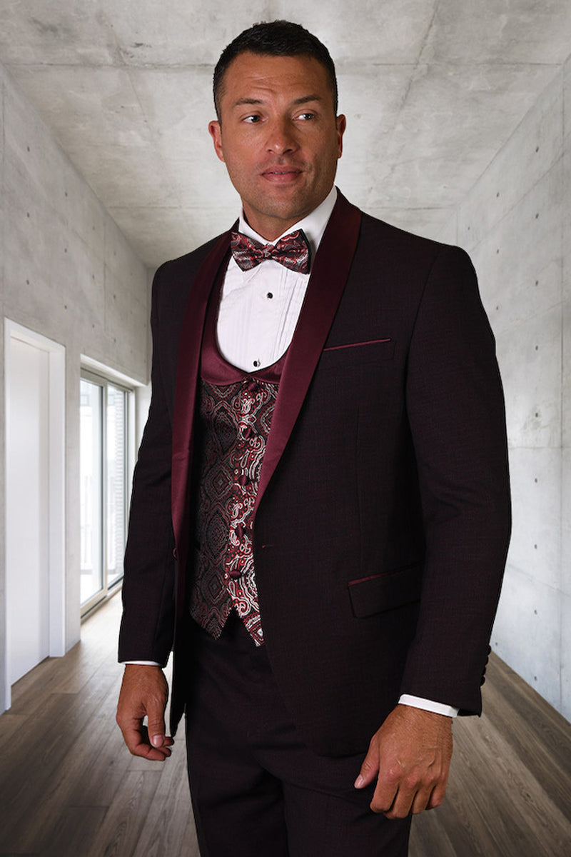Men’s Modern Fit Wedding & Prom Shawl Tuxedo with Matching Paisley Vest Set in Burgundy