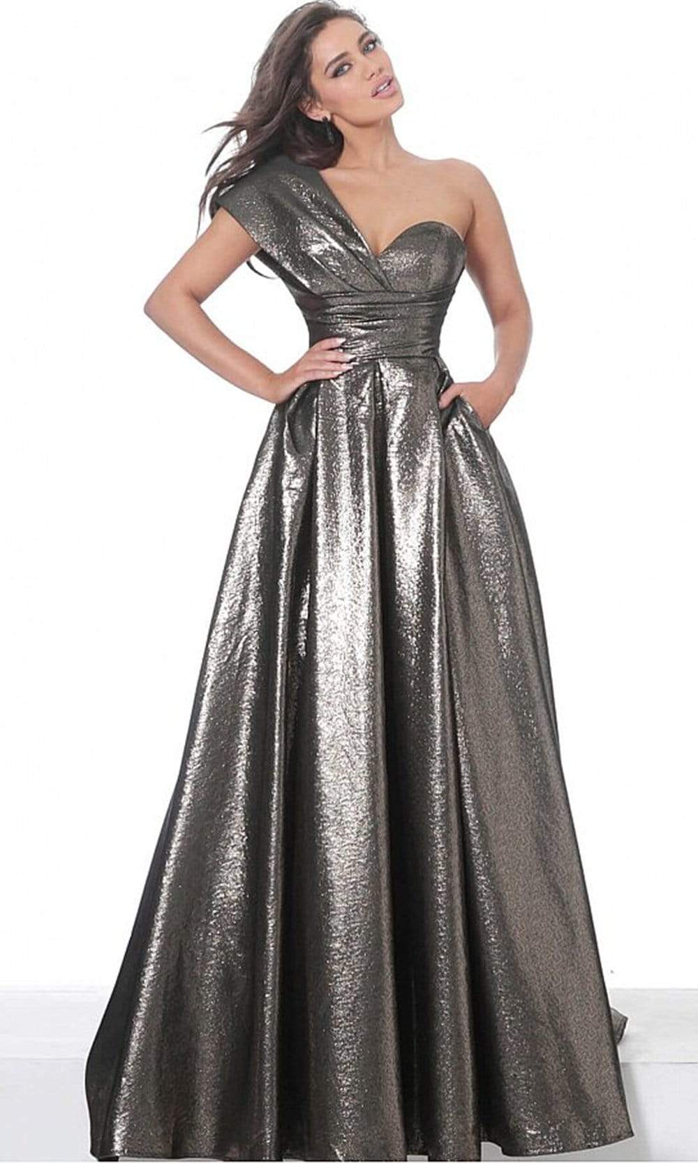 04170 Metallic One Shoulder A-Line Gown