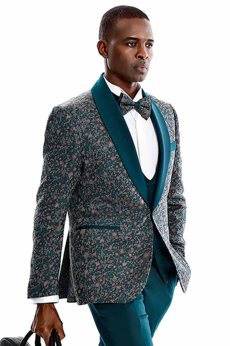 Men’s One Button Vested Shawl Lapel Vintage Splatter Print Prom Tuxedo in Green