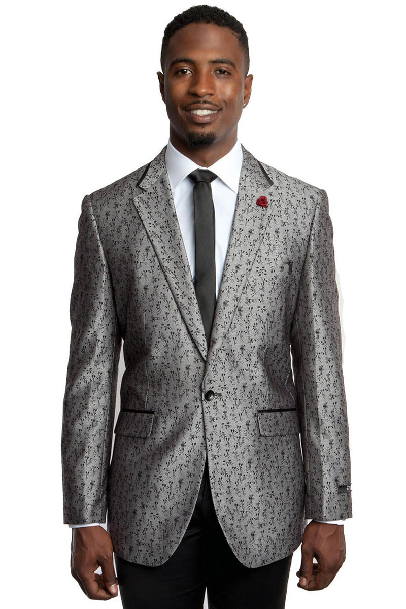 Men’s Slim Fit One Button Shiny Tonal Floral Print Blazer in Silver Grey