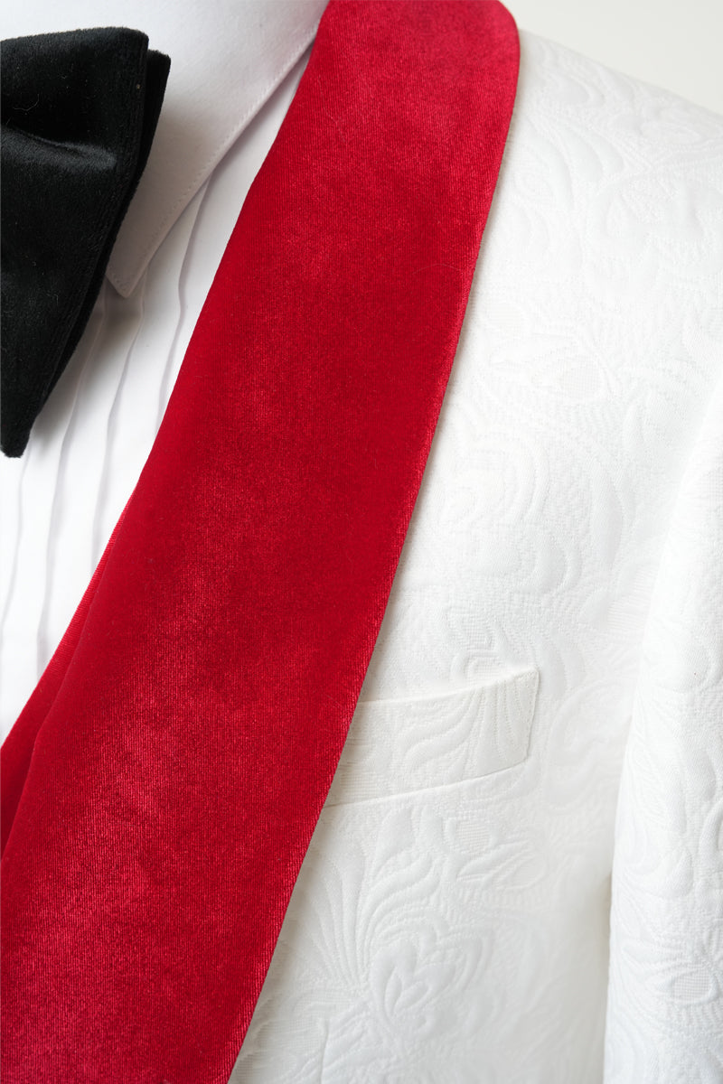 Men’s Vested White Paisley Wedding & Prom Tuxedo with Burgundy Velvet Lapel