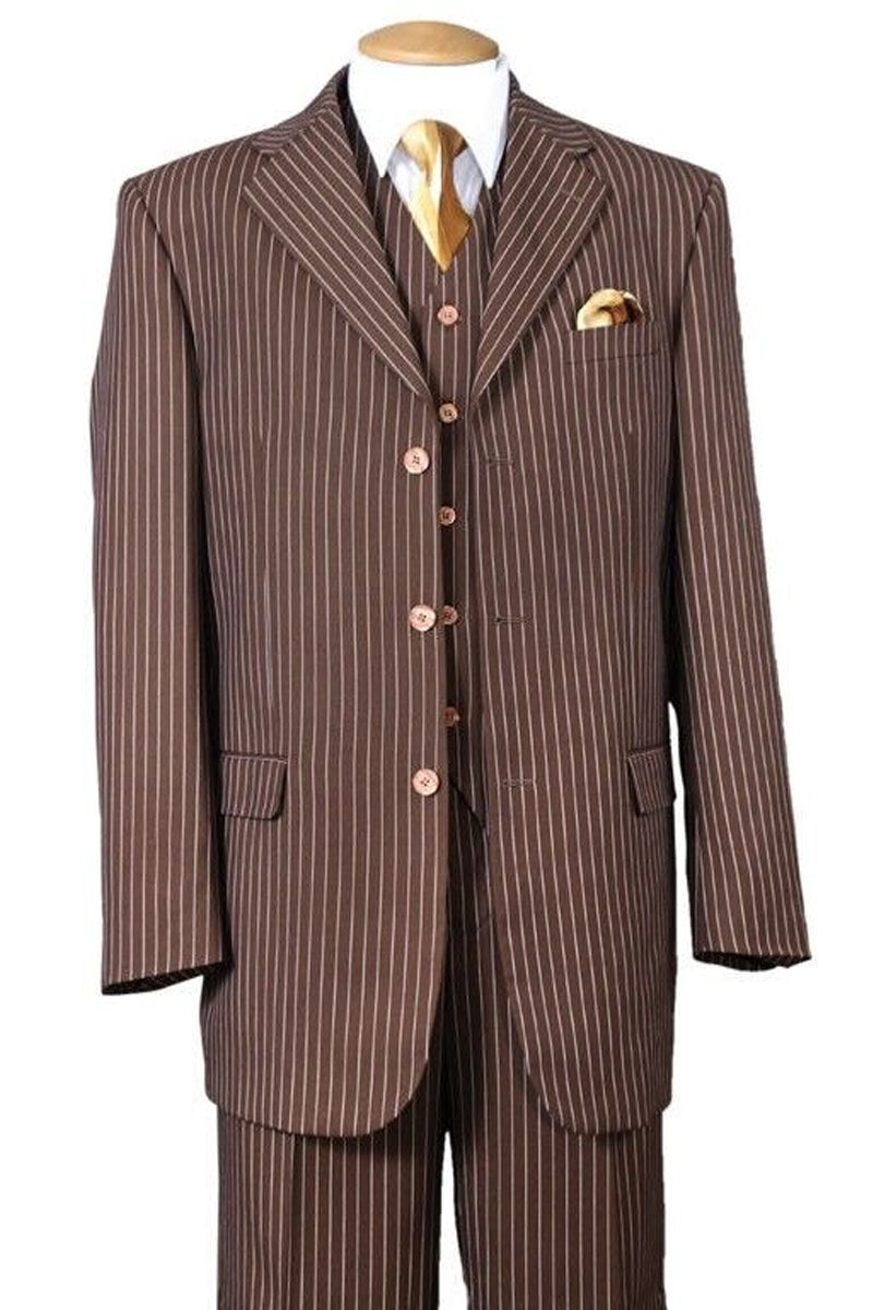 Mens 3 Button Bold 1920’s Gangster Pinstripe Vested Suit in Brown