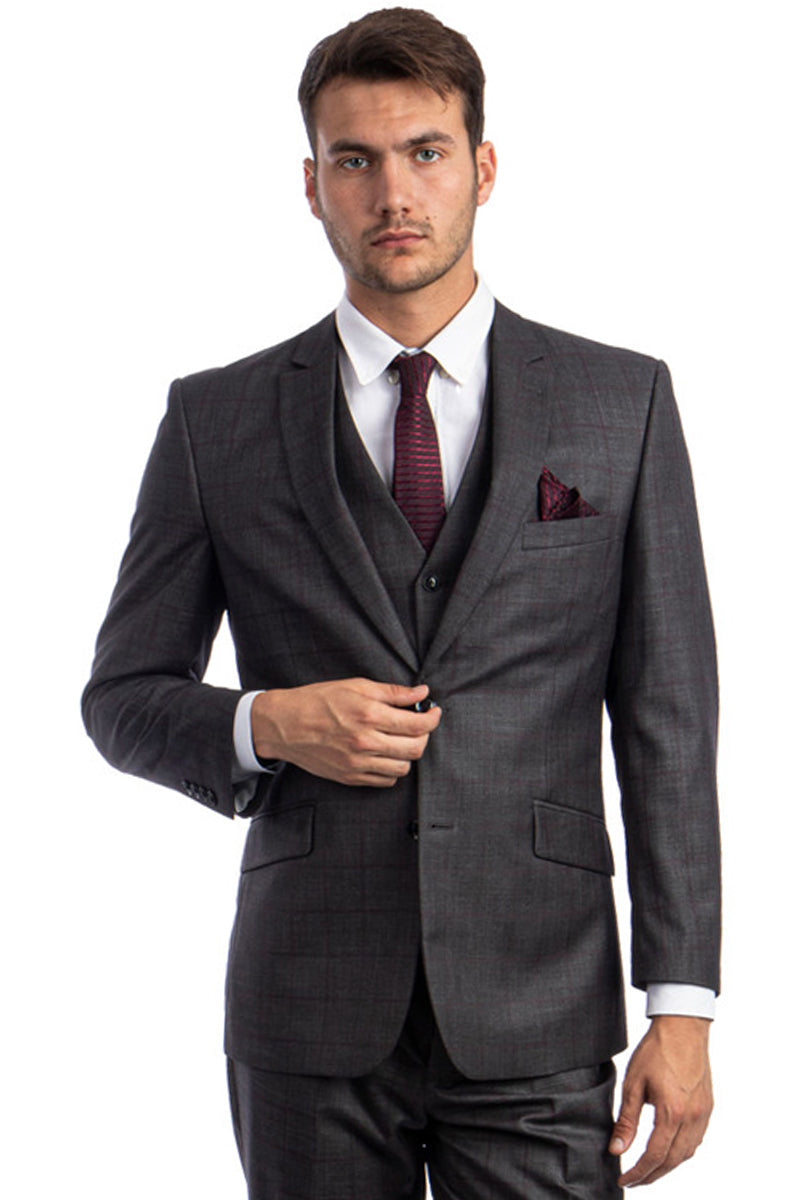 Men’s 100% Wool Modern Fit Vested Suit in Charcoal Grey & Burgundy Windowpane Plaid