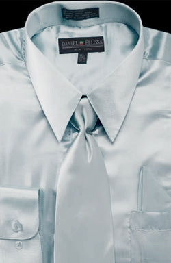 Men’s Regular Fit Shiny Satin Dress Shirt, Tie & Pocket Square Set in Light Blue