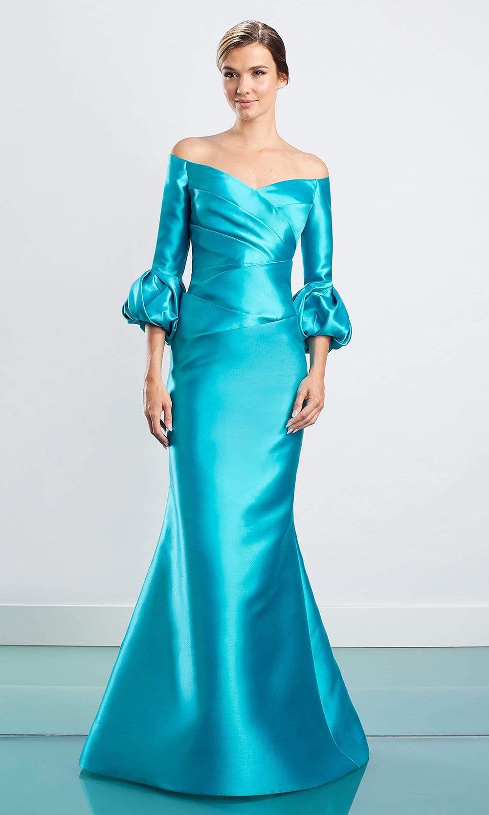 1465 Off Shoulder Faux Wrap Trumpet Gown