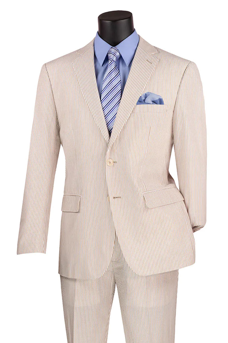 Men’s 2PC Summer Seersucker Modern Fit Suit in Tan Pinstripe