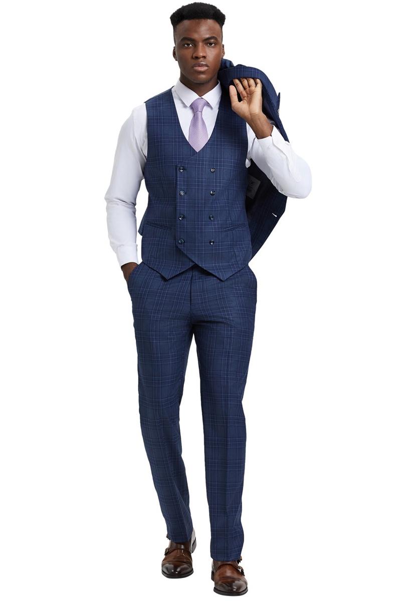 Men’s Stacy Adams One Button Peak Lapel Double Breasted Vest Suit in Blue & Purple Plaid