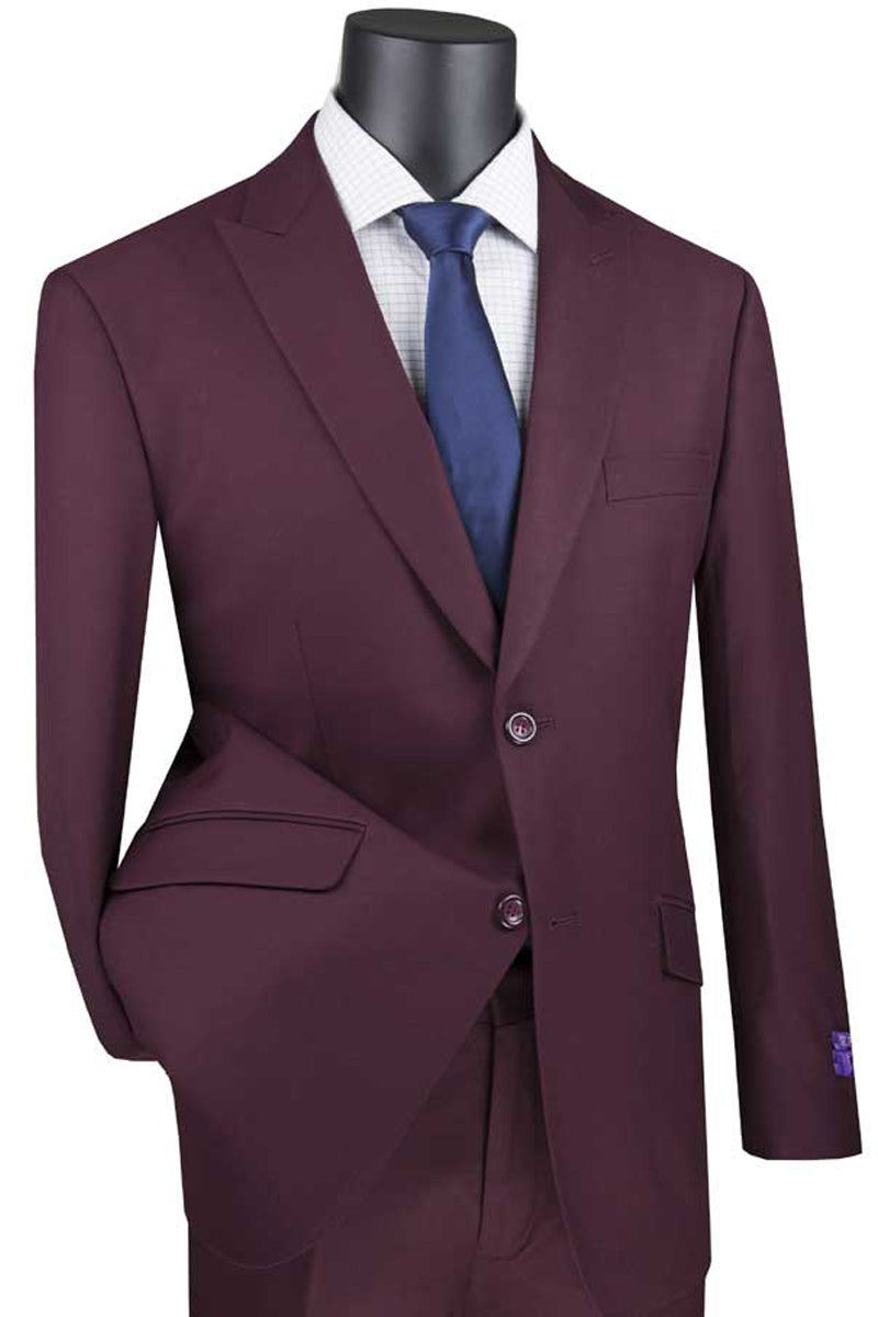 Men’s Two Button Modern Fit Wide Peak Lapel Wool Feel Suit in Burgundy