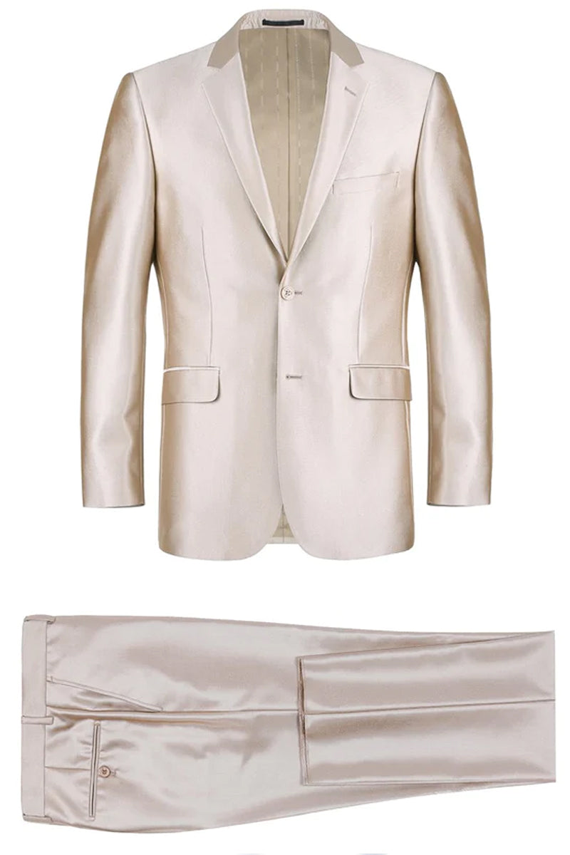 Mens Basic Two Button Classic Fit Suit with Optional Vest in Shiny Champagne Tan Sharkskin