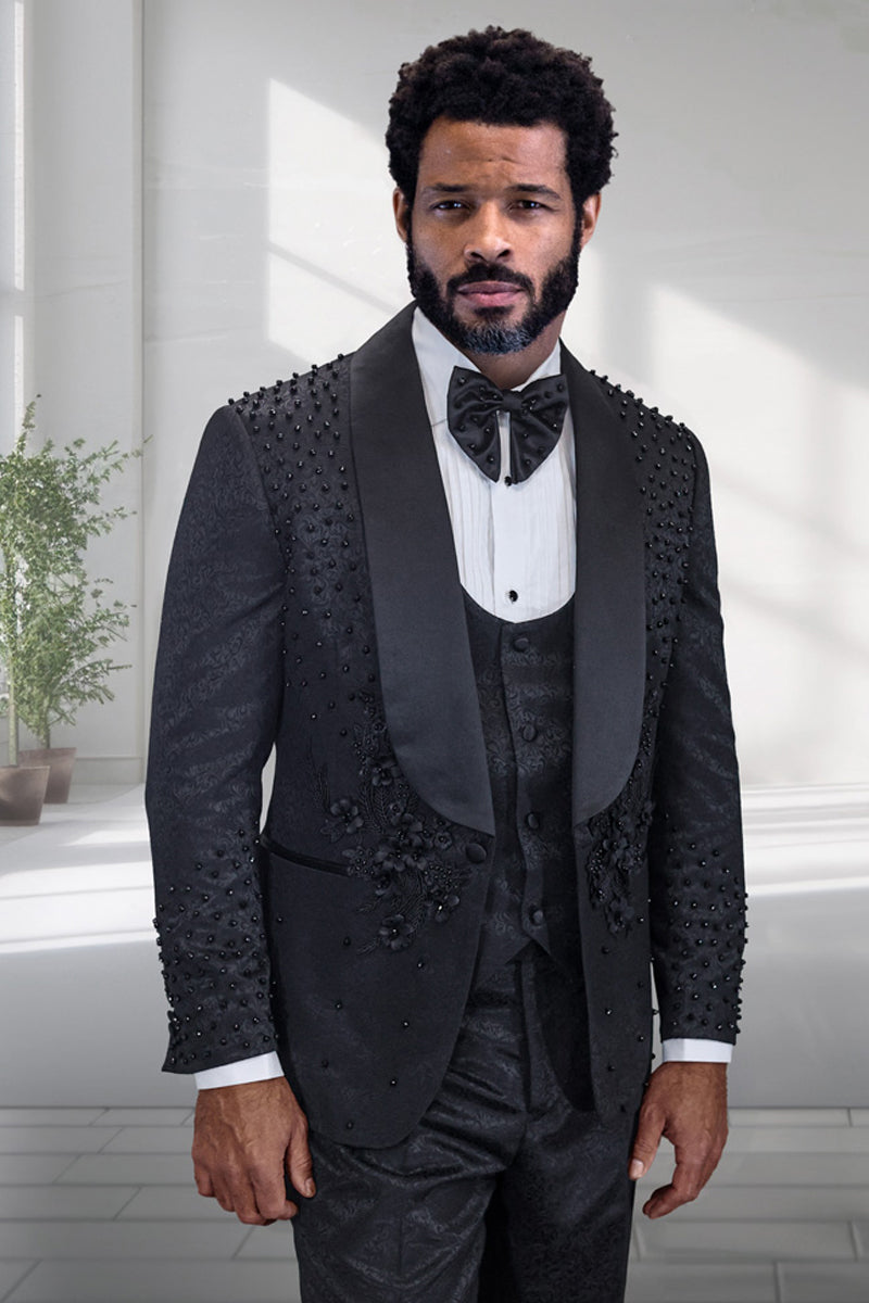 Men’s Designer High Fashion Vested Studded Floral Paisley Prom & Wedding Tuxedo in Black